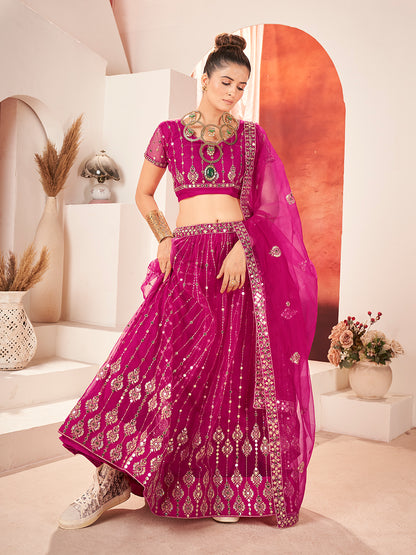 Rani Pink Sequins Embroidered Net Lehenga Choli