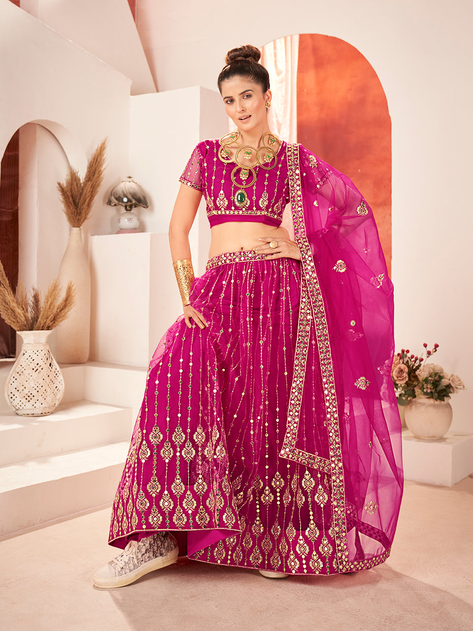 Rani Pink Sequins Embroidered Net Lehenga Choli