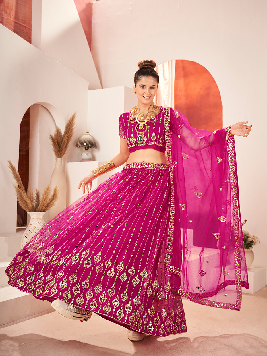 Rani Pink Sequins Embroidered Net Lehenga Choli