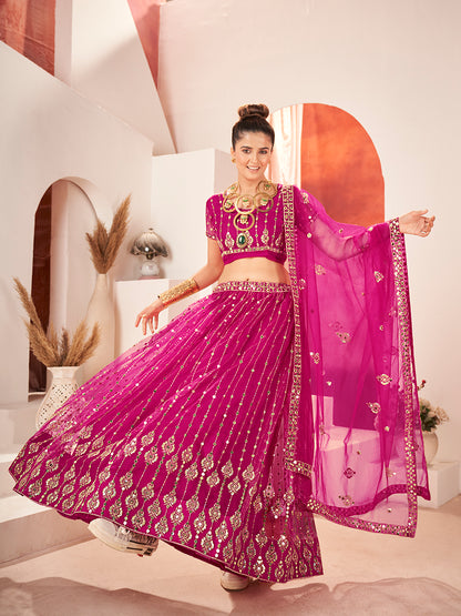 Rani Pink Sequins Embroidered Net Lehenga Choli