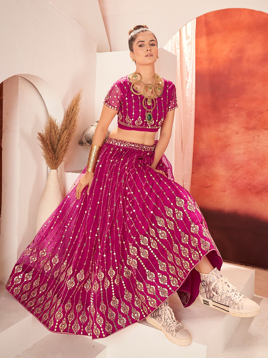 Rani Pink Sequins Embroidered Net Lehenga Choli
