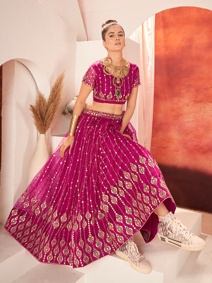 Rani Pink Sequins Embroidered Net Lehenga Choli
