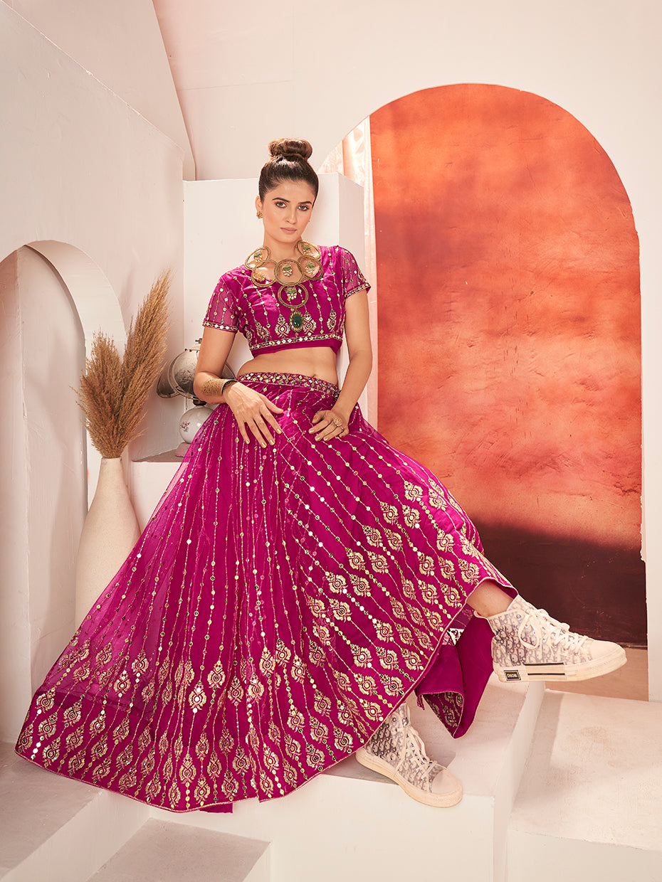 Rani Pink Sequins Embroidered Net Lehenga Choli