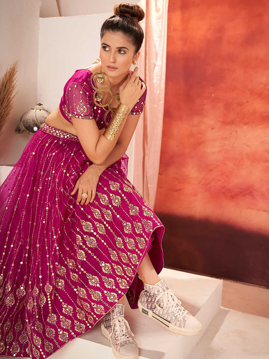Rani Pink Sequins Embroidered Net Lehenga Choli