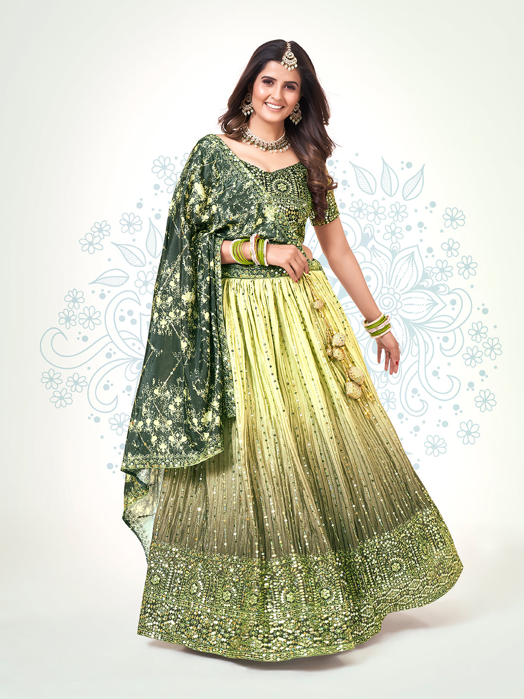 Olive Green Navratri Wear Chinon Silk Lehenga Choli