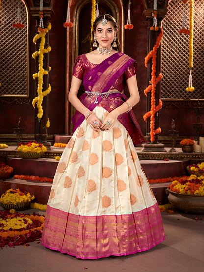 Off White & Purple Banarasi Silk Half Saree Lehenga Choli