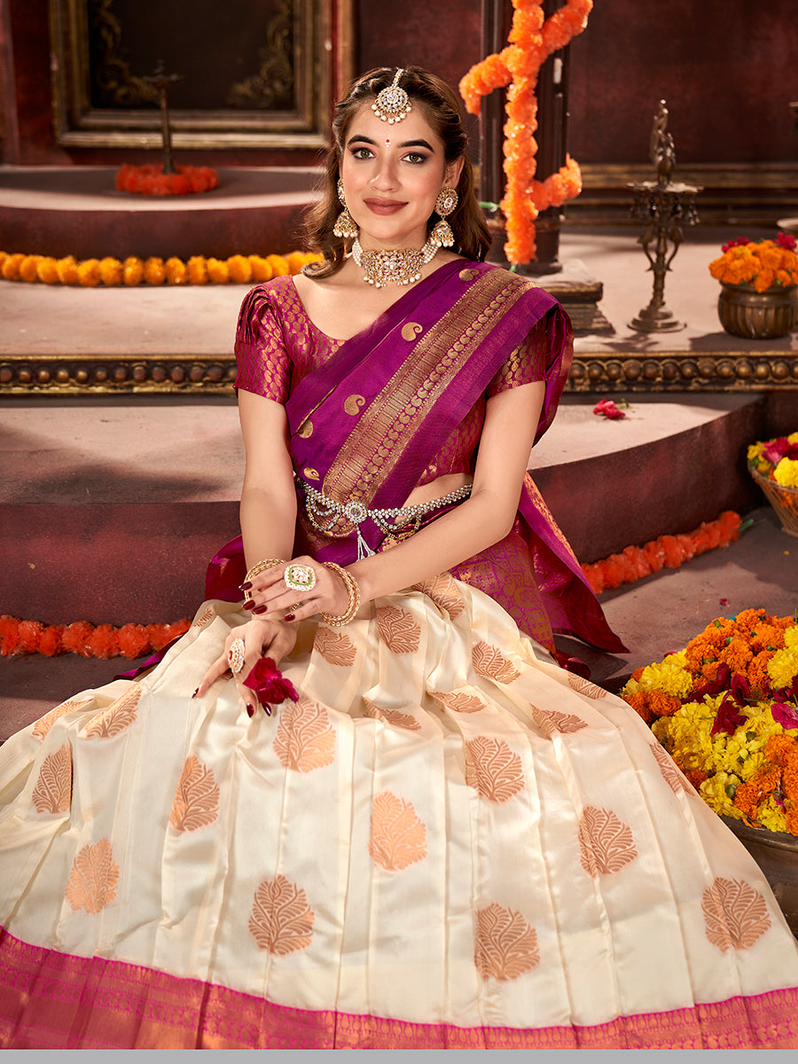 Off White & Purple Banarasi Silk Half Saree Lehenga Choli