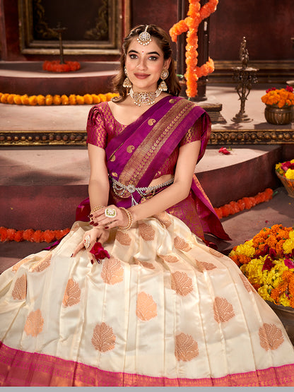 Off White & Purple Banarasi Silk Half Saree Lehenga Choli