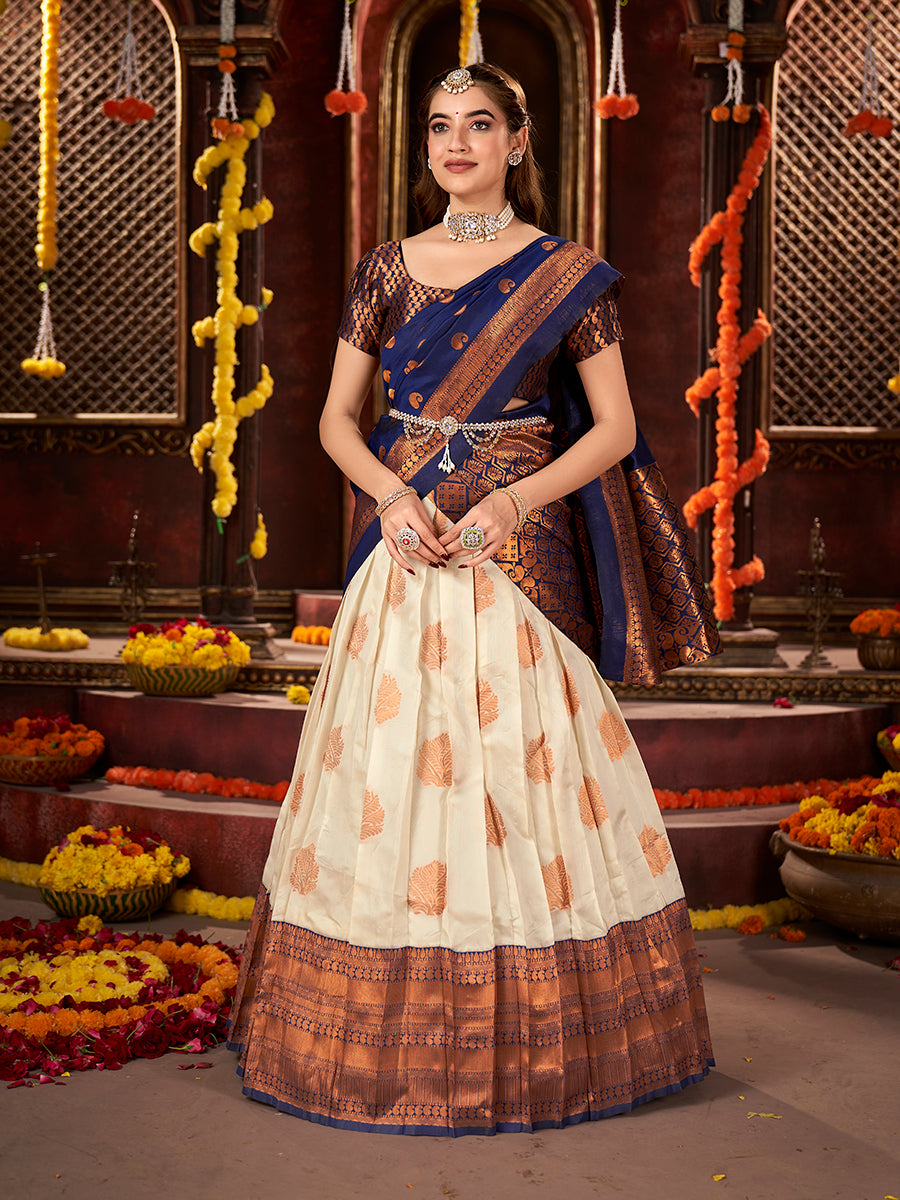 Off White & Blue Banarasi Silk Half Saree Lehenga Choli