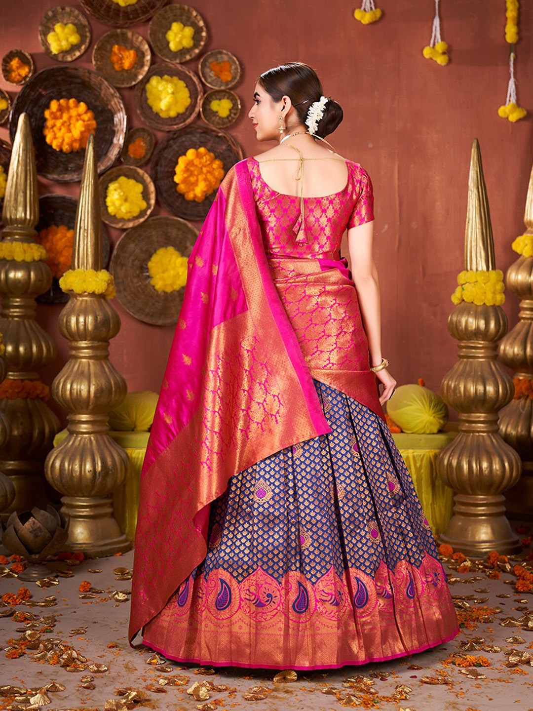 Blue & Pink Banarasi Silk Half Saree Lehenga Choli