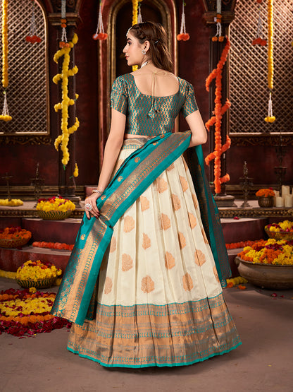 Off White & Teal Banarasi Silk Half Saree Lehenga Choli