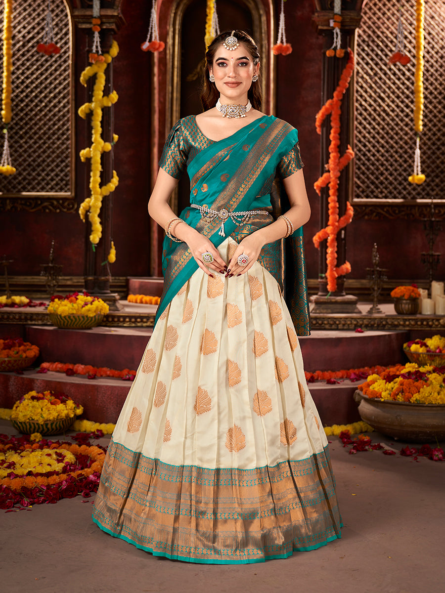 Off White & Teal Banarasi Silk Half Saree Lehenga Choli