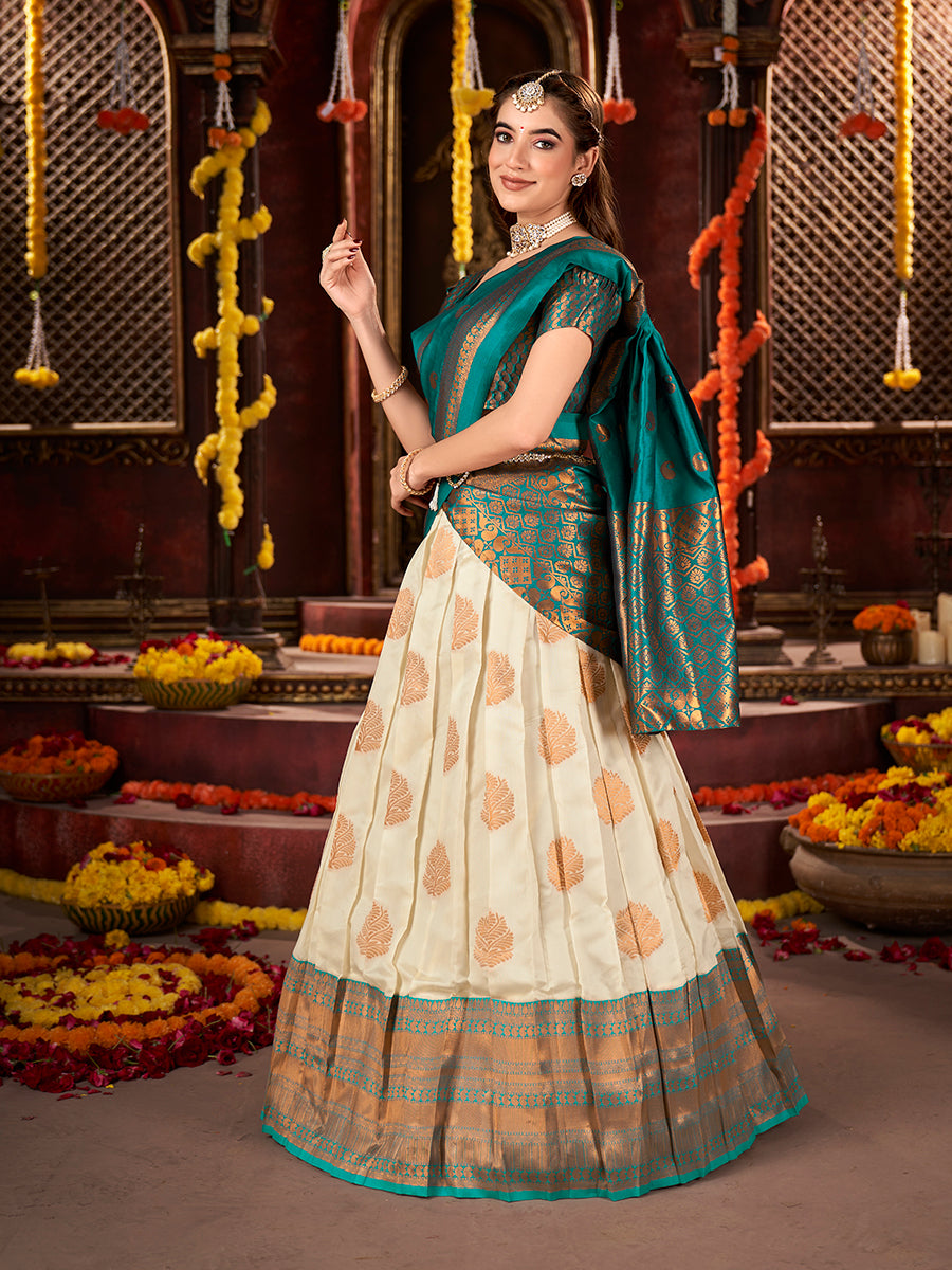 Off White & Teal Banarasi Silk Half Saree Lehenga Choli