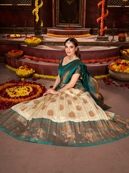 Off White & Teal Banarasi Silk Half Saree Lehenga Choli