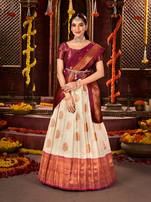 Off White & Wine Banarasi Silk Half Saree Lehenga Choli