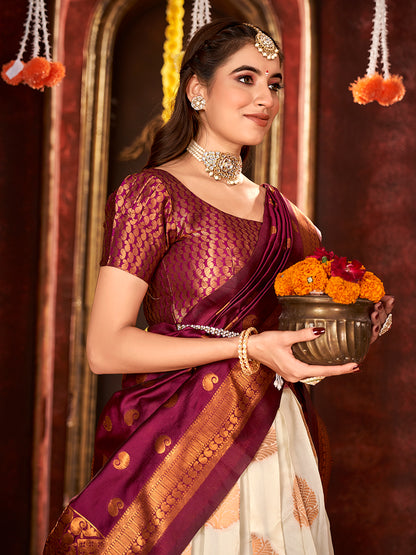 Off White & Wine Banarasi Silk Half Saree Lehenga Choli