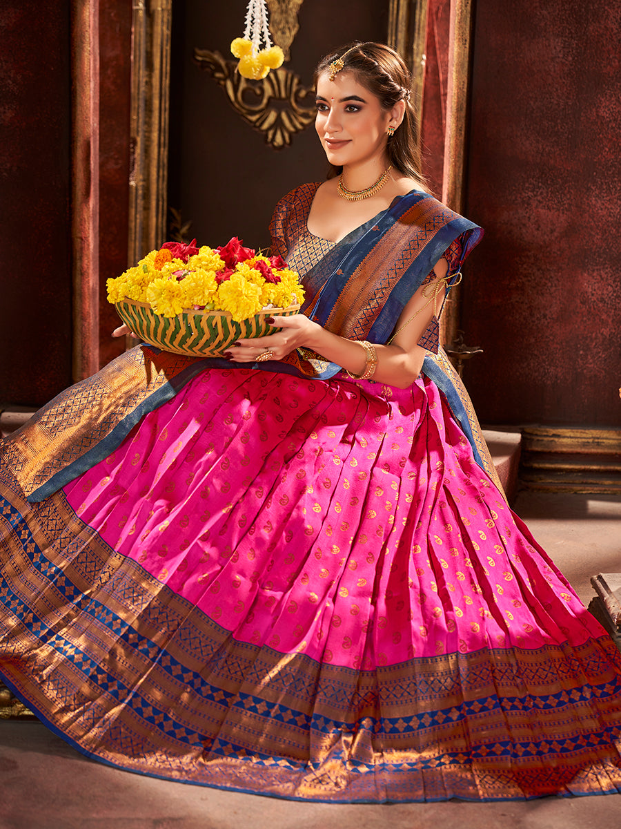 Pink & Dark Blue Banarasi Silk Half Saree Lehenga Choli