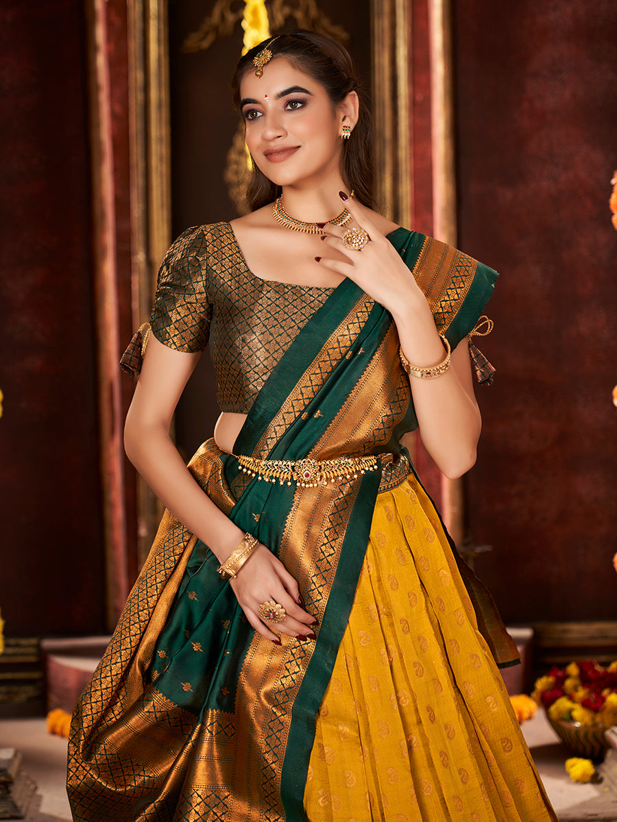 Yellow & Dark Green Banarasi Silk Half Saree Lehenga Choli