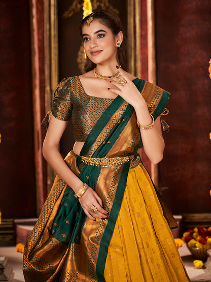 Yellow & Dark Green Banarasi Silk Half Saree Lehenga Choli