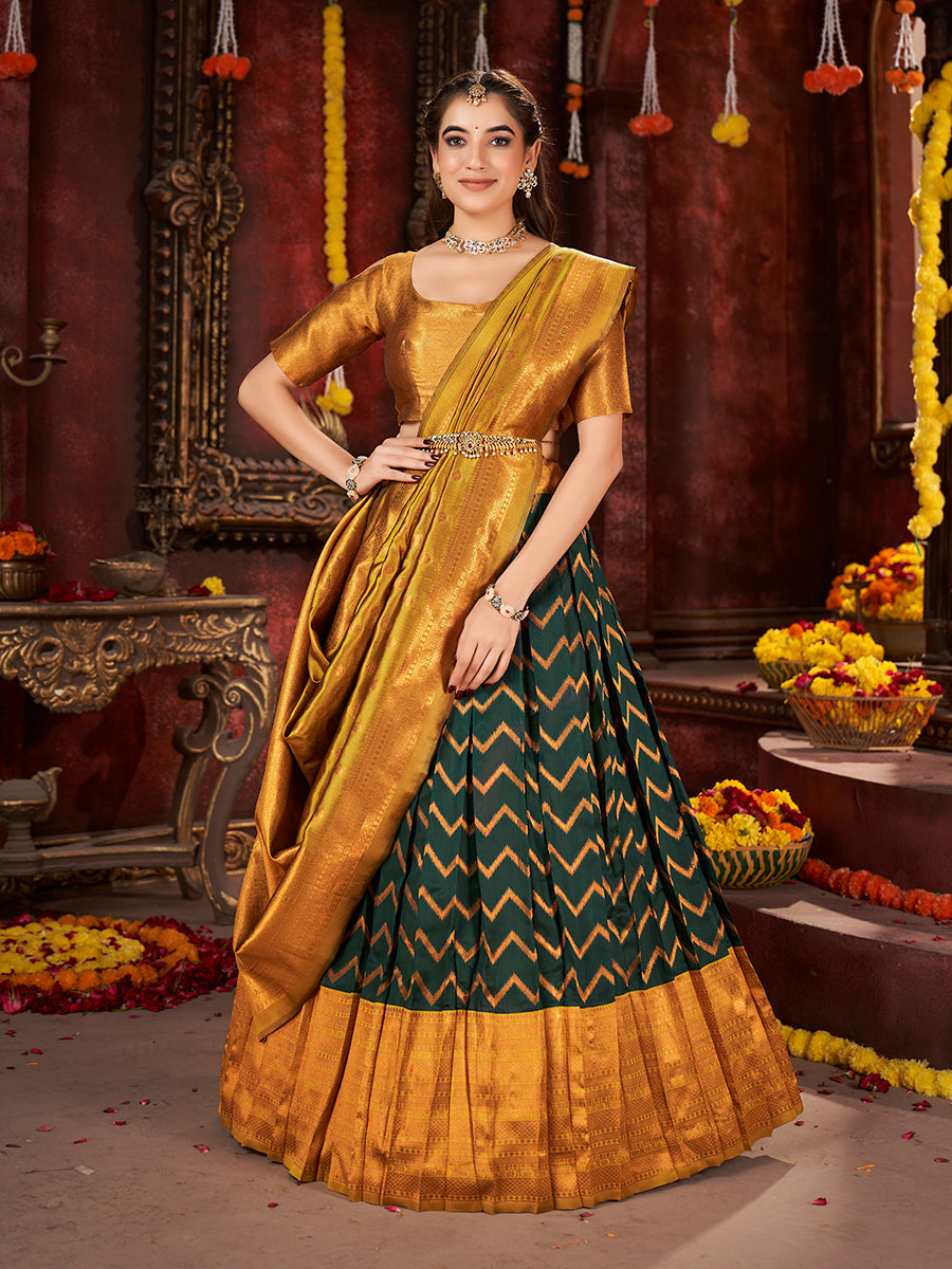 Dark Green & Mustard Banarasi Silk Half Saree Lehenga Choli
