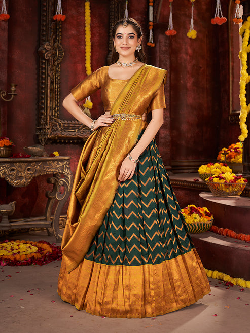 Dark Green & Mustard Banarasi Silk Half Saree Lehenga Choli