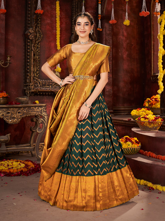 Dark Green & Mustard Banarasi Silk Half Saree Lehenga Choli