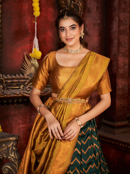 Dark Green & Mustard Banarasi Silk Half Saree Lehenga Choli
