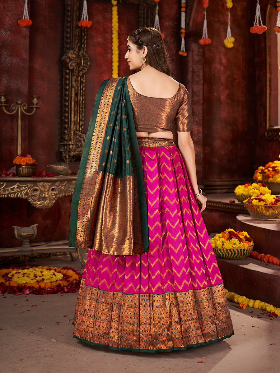 Pink & Dark Green Banarasi Silk Half Saree Lehenga Choli
