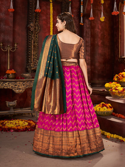 Pink & Dark Green Banarasi Silk Half Saree Lehenga Choli