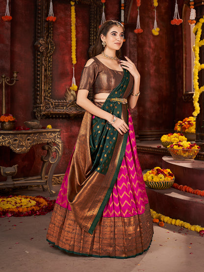 Pink & Dark Green Banarasi Silk Half Saree Lehenga Choli