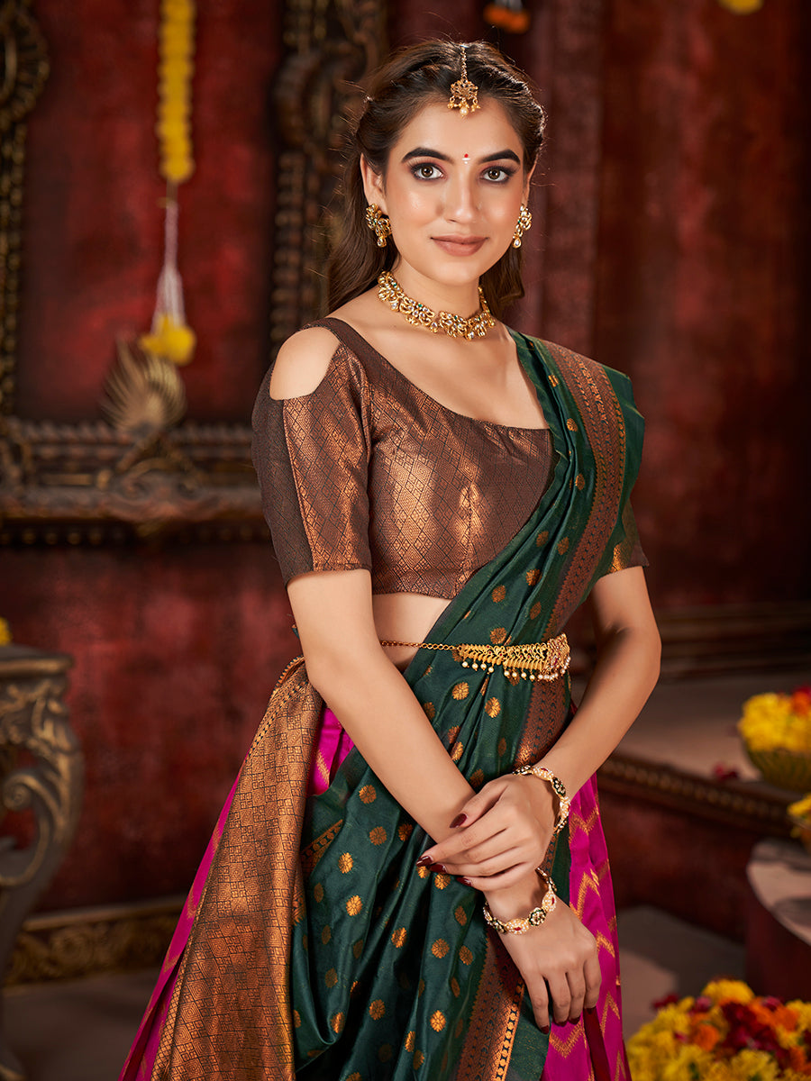 Pink & Dark Green Banarasi Silk Half Saree Lehenga Choli
