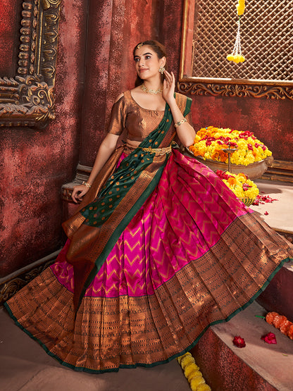 Pink & Dark Green Banarasi Silk Half Saree Lehenga Choli