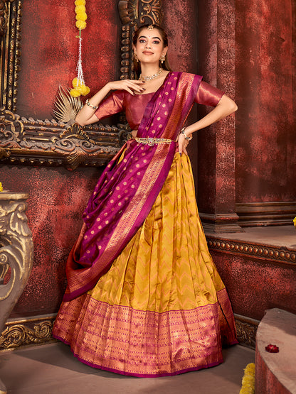 Mustard & Burgundy Banarasi Silk Half Saree Lehenga Choli