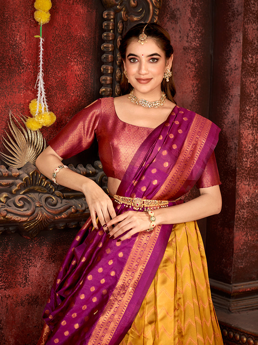 Mustard & Burgundy Banarasi Silk Half Saree Lehenga Choli