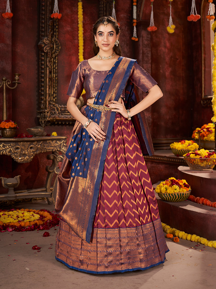 Maroon & Blue Banarasi Silk Half Saree Lehenga Choli