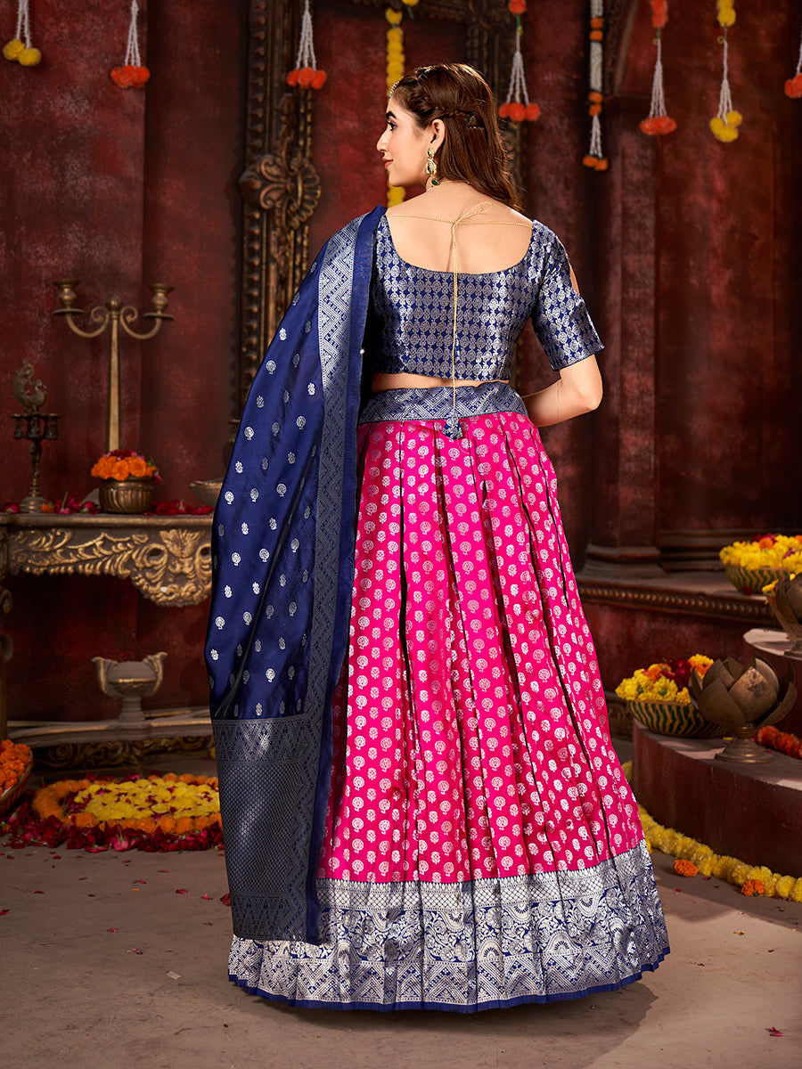 Dark Pink & Blue Banarasi Silk Half Saree Lehenga Choli