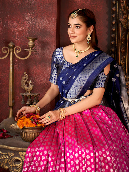 Dark Pink & Blue Banarasi Silk Half Saree Lehenga Choli