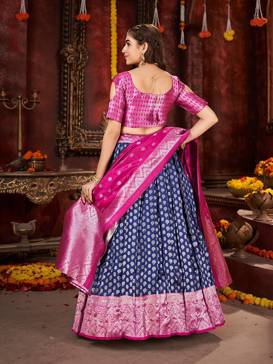 Dark Blue & Pink Banarasi Silk Half Saree Lehenga Choli