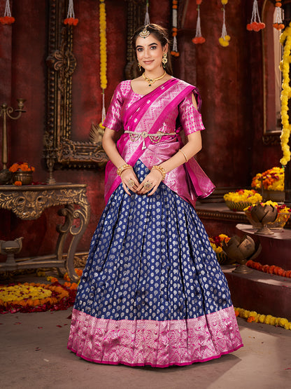 Dark Blue & Pink Banarasi Silk Half Saree Lehenga Choli