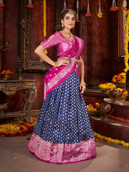 Dark Blue & Pink Banarasi Silk Half Saree Lehenga Choli
