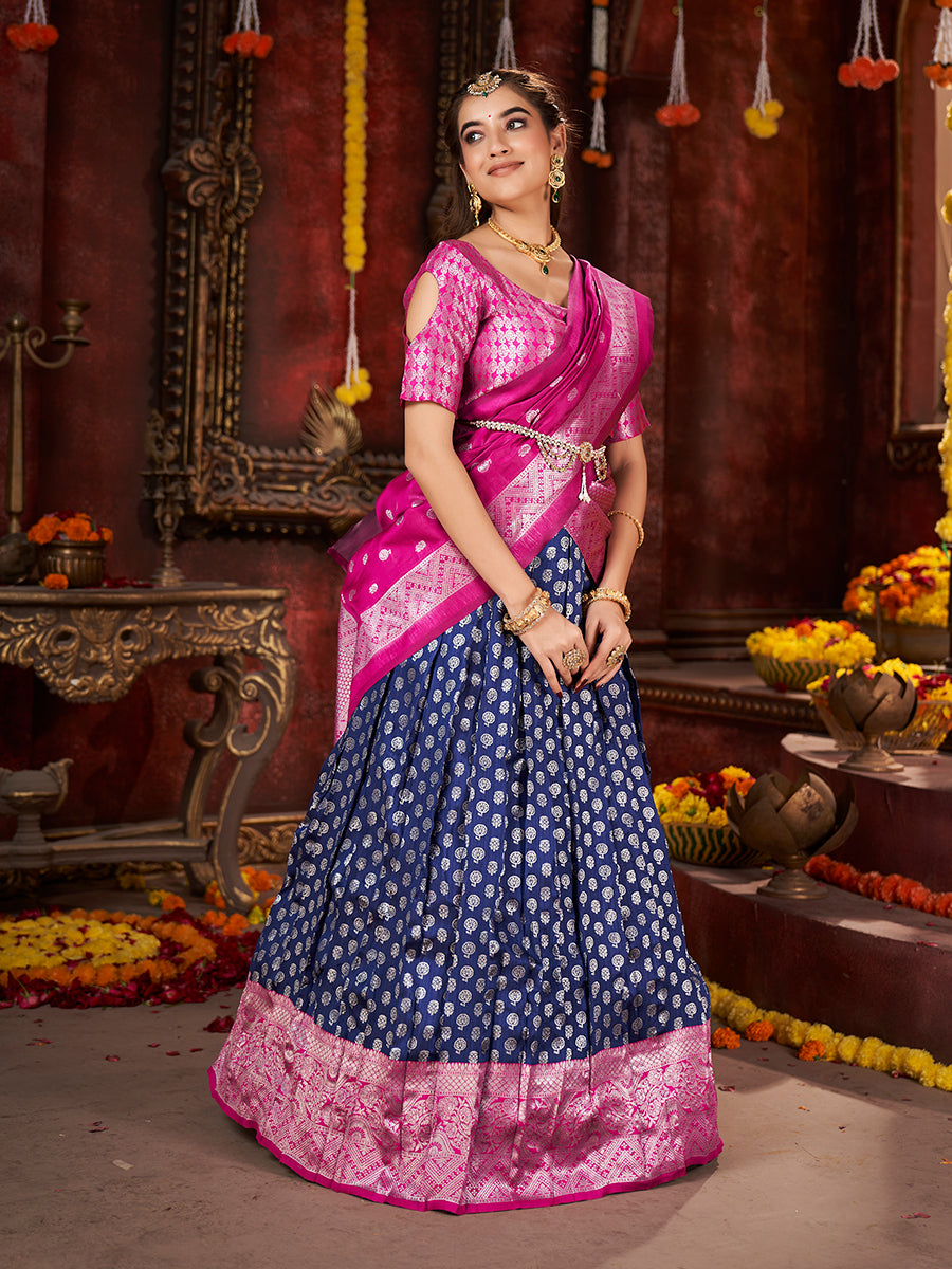 Dark Blue & Pink Banarasi Silk Half Saree Lehenga Choli