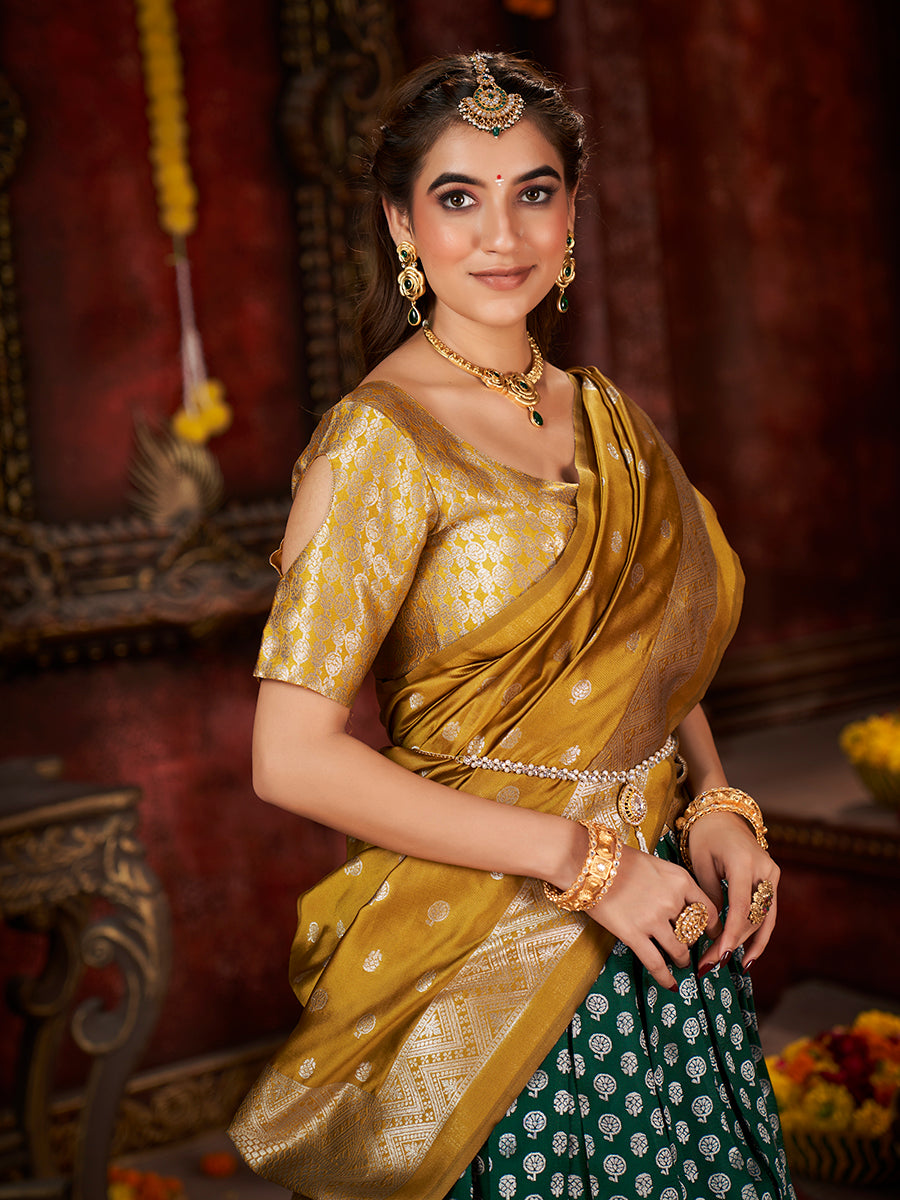 Rama Green & Yellow Banarasi Silk Half Saree Lehenga Choli