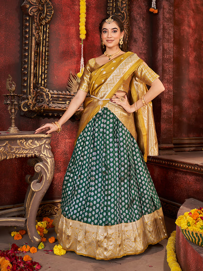 Rama Green & Yellow Banarasi Silk Half Saree Lehenga Choli