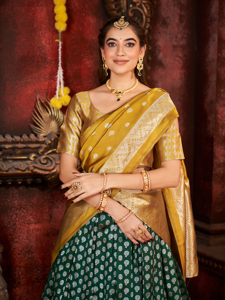 Rama Green & Yellow Banarasi Silk Half Saree Lehenga Choli