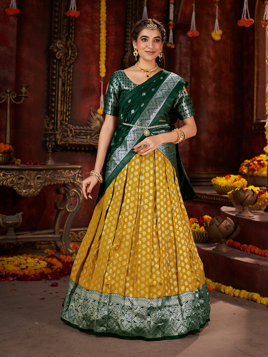 Two-Tone Green Banarasi Silk Half Saree Lehenga Choli