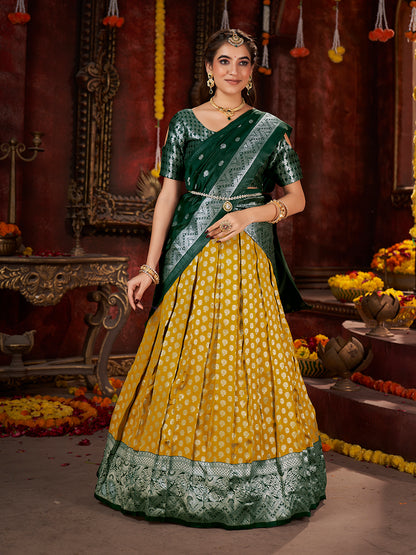 Two-Tone Green Banarasi Silk Half Saree Lehenga Choli