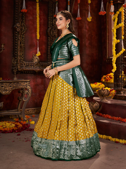 Two-Tone Green Banarasi Silk Half Saree Lehenga Choli