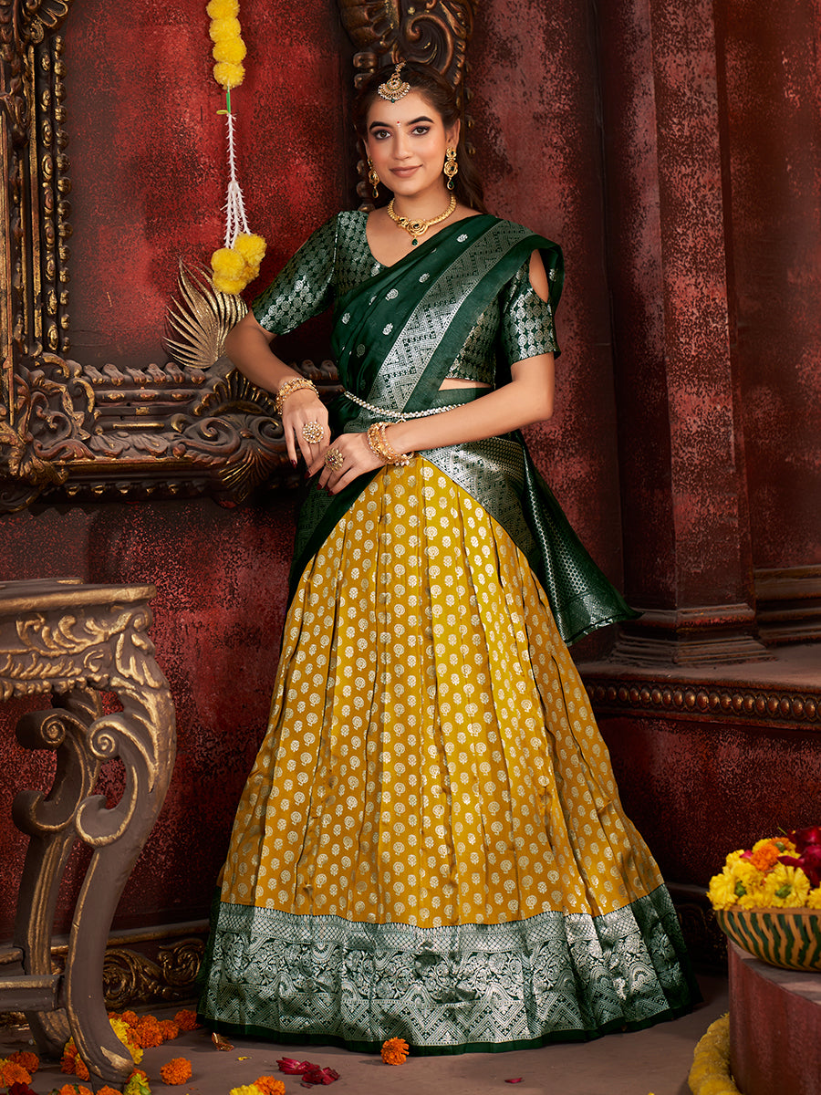 Two-Tone Green Banarasi Silk Half Saree Lehenga Choli