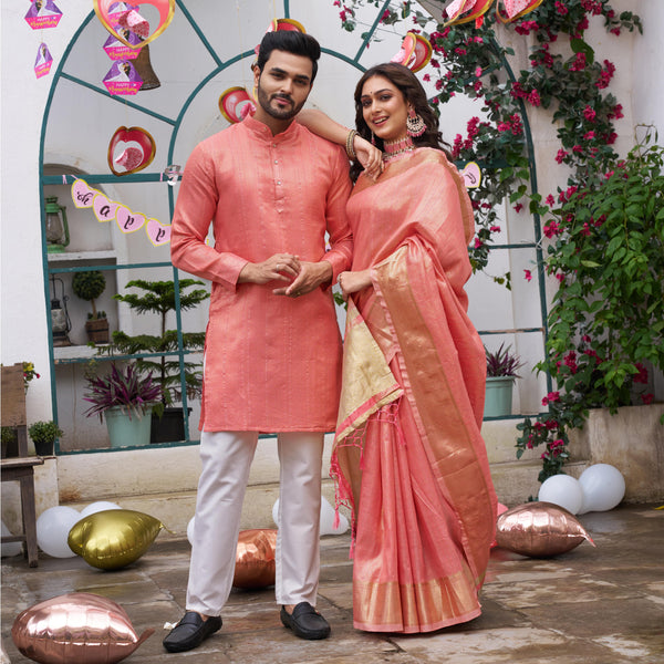 Sumitra Pink Silk Couple Wear Saree with Kurta