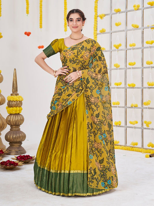 Olive Green Woven Banarasi Silk Half Saree Lehenga